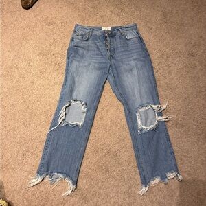 Free People Blue Distressed Straight Leg Jeans